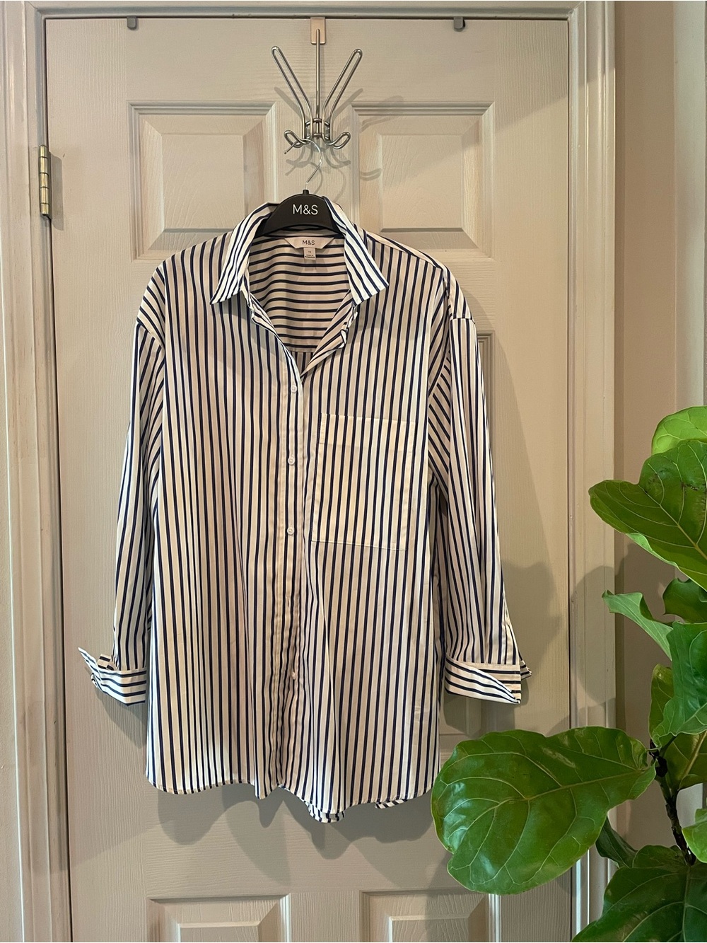 Marks & Spencer White Button-Down Shirt with Navy Stripes